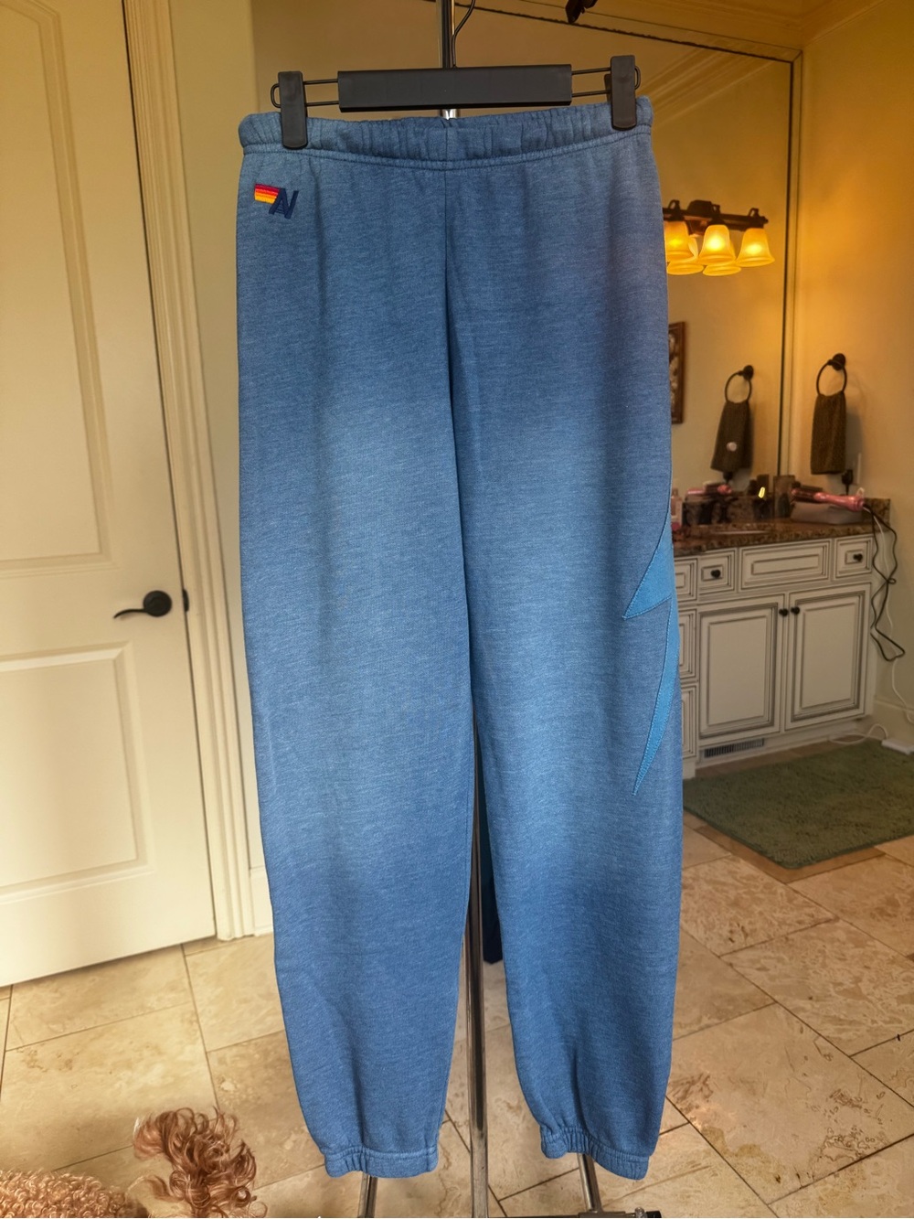 Aviator Nation Blue Track Joggers with Subtle Chevron Accent